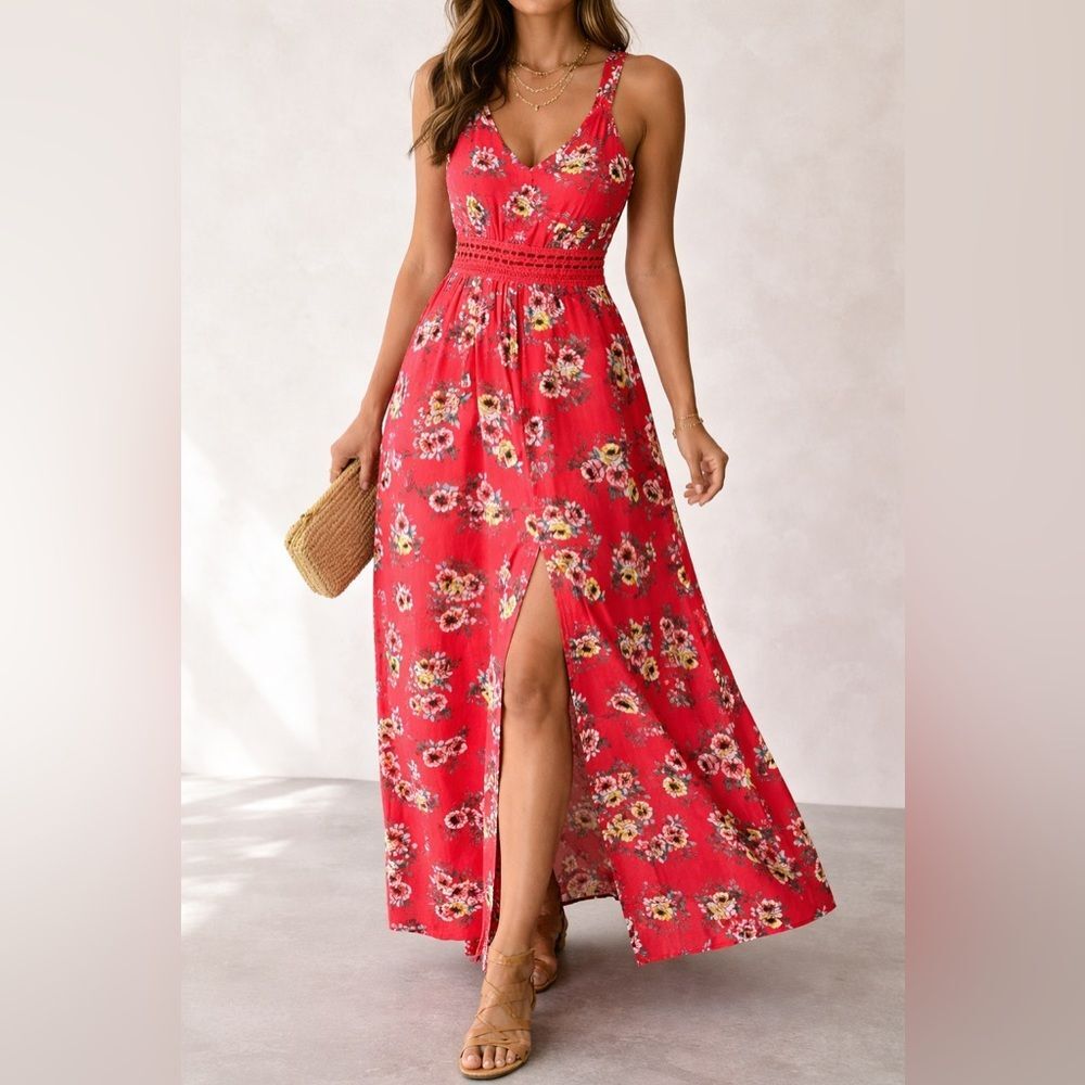 I.N. San Francisco Women's Medium Red Maxi Dress Boho Crochet Waist Slit